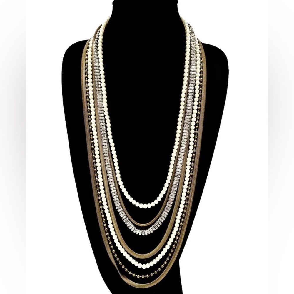 CHICO’s Lux Brass, Pearl & Channel-set Crystal Layered Statement Necklace NWT - Picture 3 of 9
